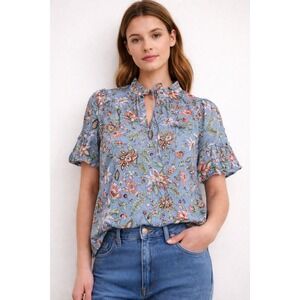 Loft Plus Blue Floral Ruffle Sleeve Tie Neck Blouse Top Size 20